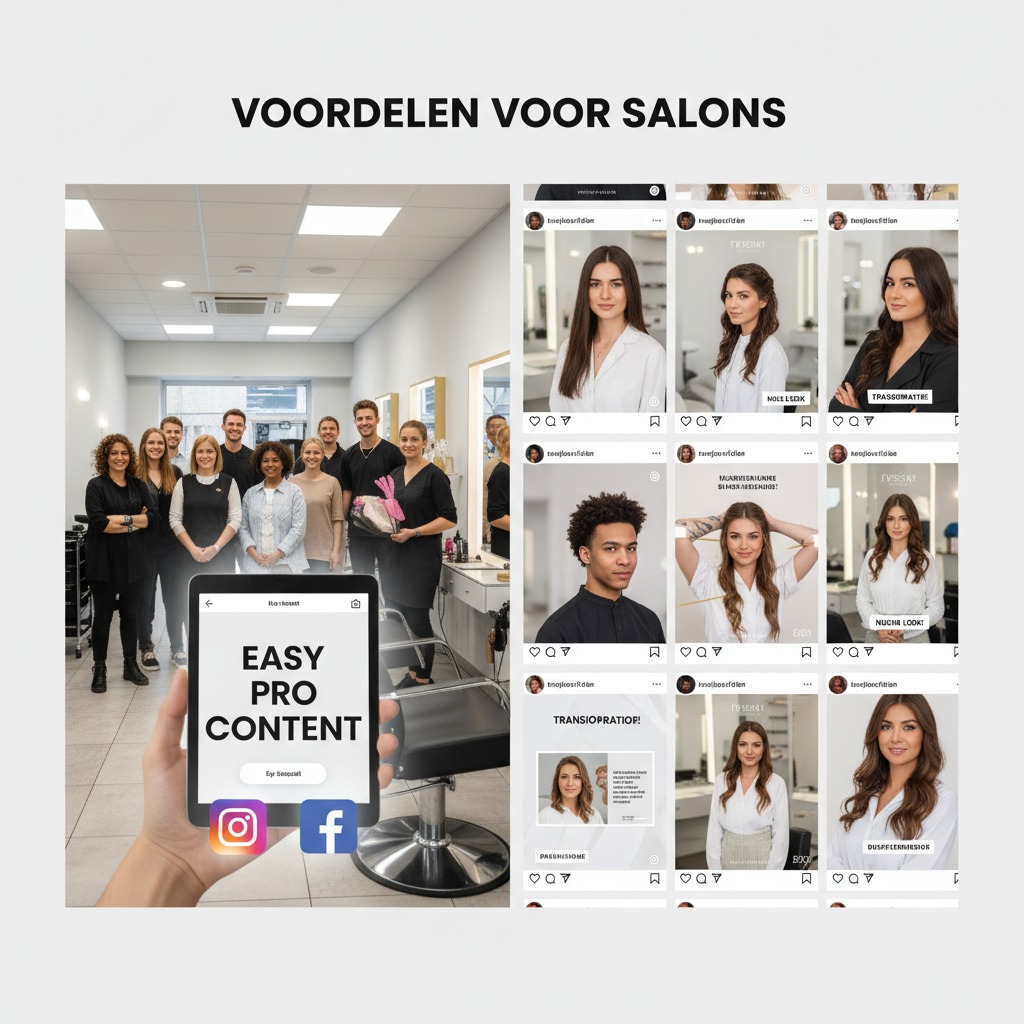 Een tablet met de tekst 'EASY PRO CONTENT' en socialmediaknoppen wordt vastgehouden in een kapsalon met een team medewerkers, met rechts een collage van socialmediaposts van personen.